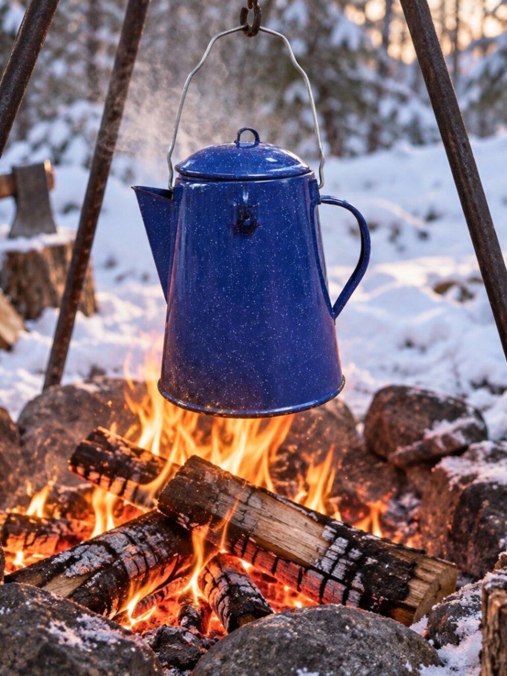Blue Speckled Enamel Camping Coffee Pot Kettle